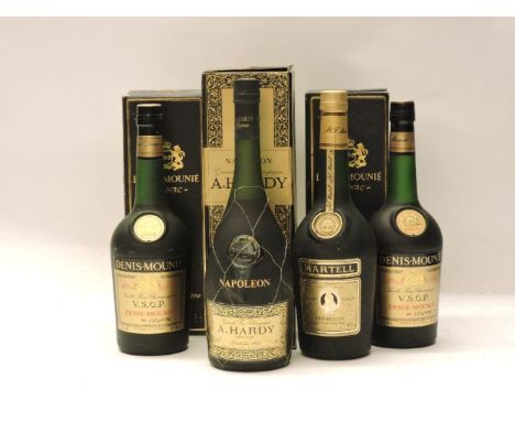 Assorted Cognac to include: Martell Medallion Cognac, VSOP, one bottle; A Hardy Napoleon Cognac, one bottle (boxed); Denis Mo