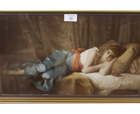 A GILT FRAMED AND GLAZED PARTIALLY OVER PAINTED PRINT OF A WOMAN RESTING BY PAUL TILLIER PICTURE SIZE - 46CM X 27CM OVERALL S