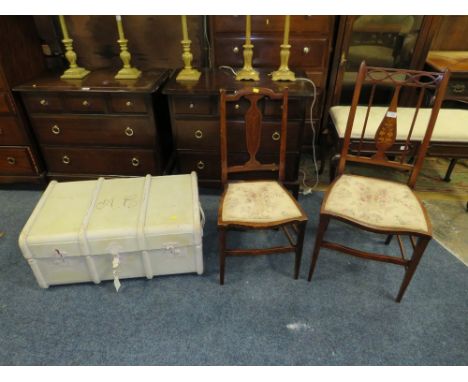 TWO EDWARDIAN MAHOGANY INLAID BEDROOM CHAIRS AND A PAINTED PACKING TRUNK (3)
