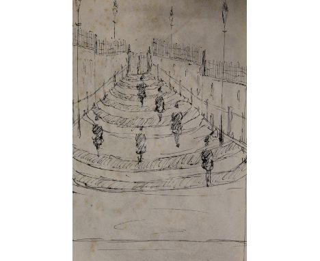 AN UNFRAMED MOUNTED PEN AND INK SKETCH OF A STREET SCENE IN THE STYLE OF L. S LOWRY PICTURE SIZE - 21CM X 13CM  