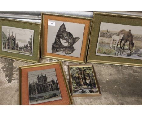 A SMALL SELECTION OF FIVE FRAMED AND MOUNTED RETRO STYLE PAINTINGS ON TITANIUM PLATE - LARGEST OVERALL H 30 CM BY W 40 CM