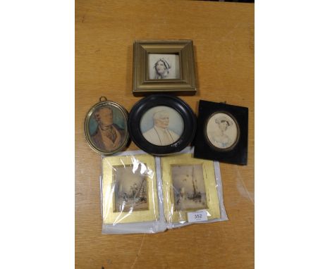 A COLLECTION OF MINIATURE WATERCOLOURS, COMPRISING OF FOUR PORTRAIT STUDIES AND TWO HARBOUR SCENES (6)