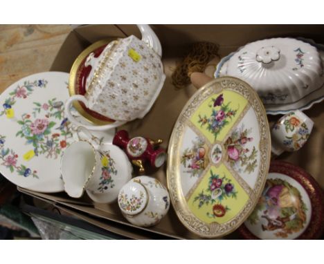 A TRAY OF ASSORTED CERAMICS TO INCLUDE A SPODE TEAPOT, AYNSLEY, LIMOGES ETC. 