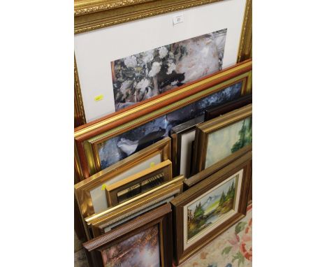 A LARGE QUANTITY OF PICTURES AND PRINTS TO INCLUDE FRAMED OIL ON CANVASES, LARGE GILT FRAMED PRINT OF A WOMAN TEASING A CAT W
