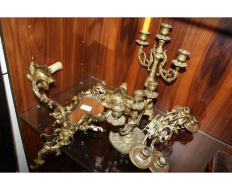 A COLLECTION OF BRASS AND BRASS EFFECT SCONCES&nbsp;AND CANDELABRA