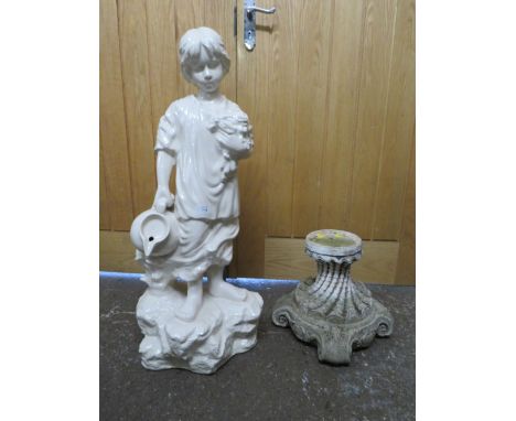 A LARGE CERAMIC CREAM WATER GIRL FIGURE H-84 CM TOGETHER WITH A STONE PLINTH (2) S/D