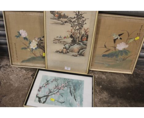 THREE FRAMED AND GLAZED ORIENTAL WATERCOLOURS ON SILK, TOGETHER WITH A SIMILAR PRINT (4)  