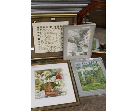 A MODERN FRAMED AND GLAZED INDIAN CERAMIC SEWING INTEREST PLAQUE, TOGETHER WITH A COLLECTION OF ASSORTED WATERCOLOURS TO INCL