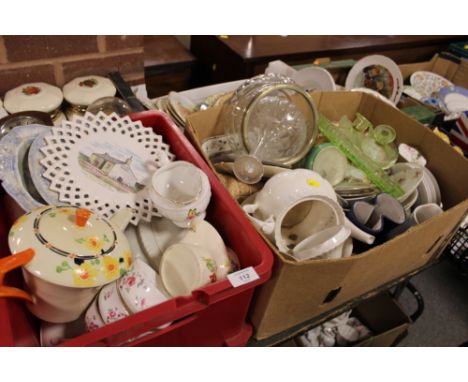 SIX BOXES OF ASSORTED CERAMICS AND CHINA ETC. TO INCLUDE ROYAL DOULTON COLLECTORS PLATES, CERAMIC STORAGE JARS ETC. 