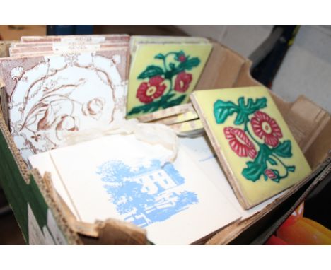 A COLLECTION OF CERAMIC TILES TO INCLUDE JAPANESE TUBE LINED FLORAL EXAMPLES BY 'THE SATO TILE WORKS'