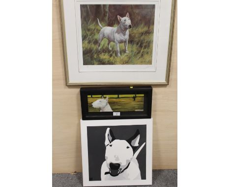 THREE ASSORTED BULL TERRIER DOG PICTURES COMPRISING OF A FRAMED AND GLAZED OIL ON BOARD ENTITLED 'SWEET THING' BY RAY RICHARD