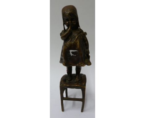 AFTER JUAN CLARA, CAST BRONZE FIGURE OF A YOUNG GIRL STOOD UPON A STOOL, 12" (30.5cm) high