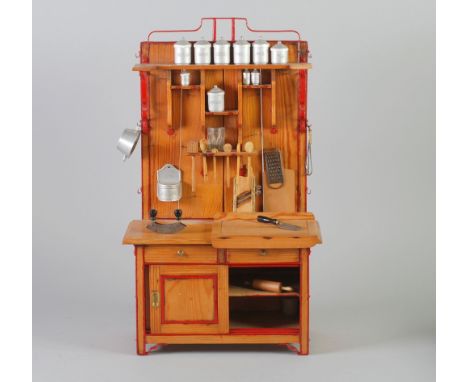 CHILD'S MID 20th CENTURY PROPRIETARY PITCH PINE AND PAINTED METAL KITCHEN DRESSER, raised back with shelves and racks, base w