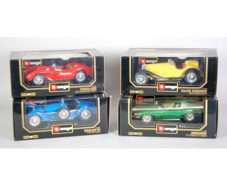 FOUR BURAGO MINT AND BOXED LARGE SCALE 1:18 MODELS OF classic and vintage cars includes Bugatti Type 59 (1934) window boxes g