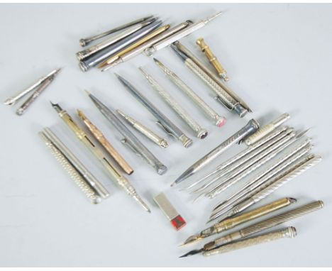 Nineteen various white metal propelling pencils, four metal clip pens (one with propelling pencil) seven metal lobster picks,