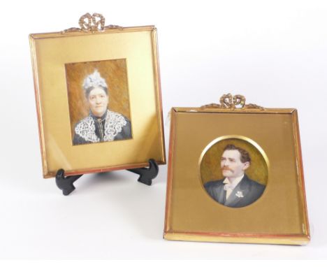 PAIR OF LATE NINETEENTH/EARLY TWENTIETH CENTURY PORTRAIT MINIATURES ON IVORY, OF A LADY AND GENTLEMAN, 4 ¼" x 3 ½" (10.8cm x 