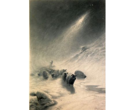 AFTER JOSEPH FARQUHARSON  LARGE SIGNED LITHOGRAPHIC PRINT,  Sheep and shepherd in winter landscape,  contemporary oak framed 