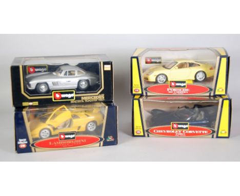 FOUR BURAGO MINT AND BOXED LARGE SCALE 1:18 MODELS OF CLASSIC CARS including Mercedes Benz 300 SL Roadster (1957) window boxe