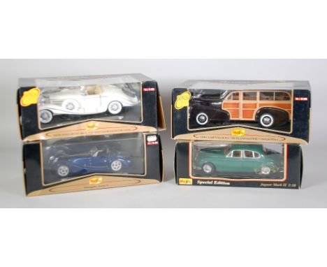 FOUR MAISTO MINT AND BOXED LARGE SCALE 1:18 MODELS OF VINTAGE CARS including Morgan Aero 8, window boxes good (4)