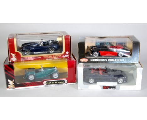 FOUR LARGE SCALE 1:18 MINT AND BOXED MODELS OF CLASSIC CARS VARIOUS includes Kyosho models Austin Healey 3000 MKI, window box