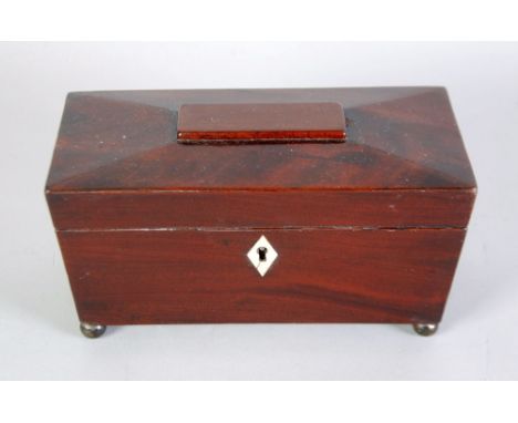 NINETEENTH CENTURY SARCOPHAGUS TEA CADDY, with divided lidded interior and bone escutcheon, raised on four ball supports, 4" 