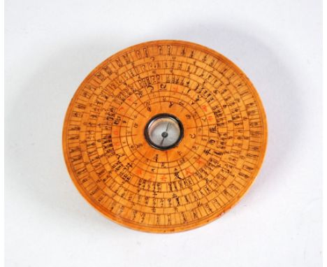 NINETEENTH CENTURY TURNED WOOD AND PENWORK CHINESE GEOMANCER'S COMPASS, 4 ½" (11.4cm) diameter