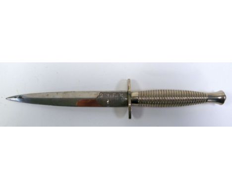 RARE WILKINSON SWORD ALL PLATED METAL FAIRBURN SYKES PATTERN FIELD SERVICE FIGHTING KNIFE, the diamond section 6" (15.2cm) bl