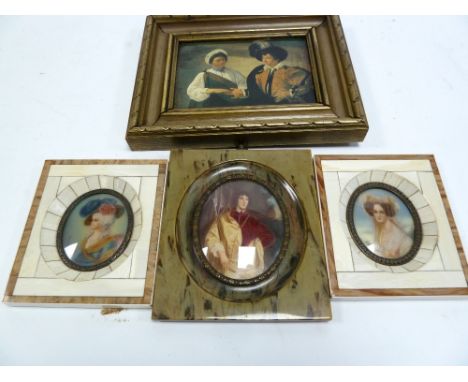 AN OVAL PASTICHE PORTRAIT MINIATURE after Van Dyke in simulated tortoiseshell frame, TWO OTHERS IN 'Piano Key' frames and a  