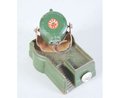 ASTRA PRE WAR DIE CAST SEARCH LIGHT ON DARK GREEN plated metal swivelling support to heavy base with stair way access, batter