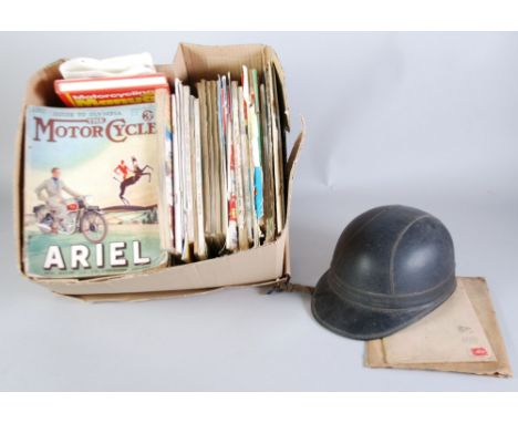 EVEROAK 1950s LEATHER MOTORCYCLE HELMET, with leather shroud and chin strap, B.S 2001/56 WITH A COLLECTION OF CIRCA 1934-1980