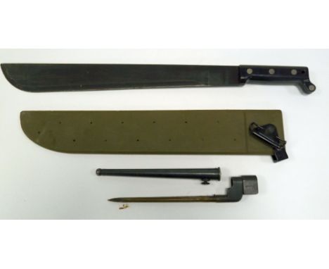 BRITISH NO. 4 MKII SPIKE BAYONET, 10" (25.5cm) LONG WITH CYLINDRICAL METAL SHEATH, together with a BRITISH 1991 ISSUE MACHETE