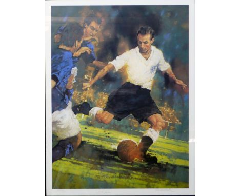 MICHAEL DUDASH/STANLEY MATTHEWS ARTIST AND PLAYER SIGNED LIMITED EDITION COLOUR PRINT  Featuring the player wearing England k