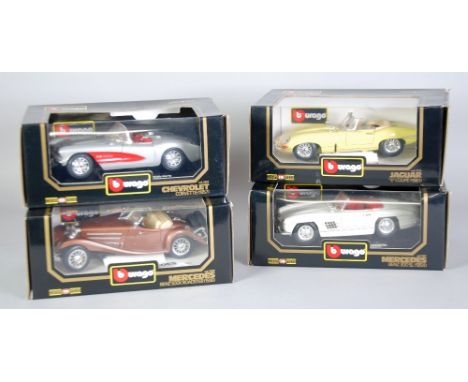 FOUR BURAGO MINT AND BOXED LARGE SCALE 1:18 MODELS OF classic and vintage cars includes Chevrolet Corvette 1957 window boxes,