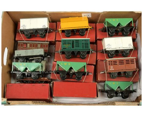 Hornby O Gauge a group of Post-war Goods Wagons consisting of LMS Hopper x 2, BR Insulated Meat Van, NE Cattle Truck, Souther