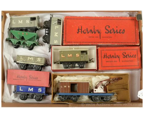 Hornby O Gauge a group of LMS Goods Wagons consisting of Open B Wagon, Brake Van and a Breakdown Van and Crane, Good Plus in 