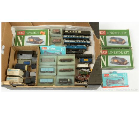 N Gauge Loco, Rolling Stock, Buildings and Trackwork by various manufacturers comprising Peco 2 x Wagon Kits (KNR9 15ft Parce