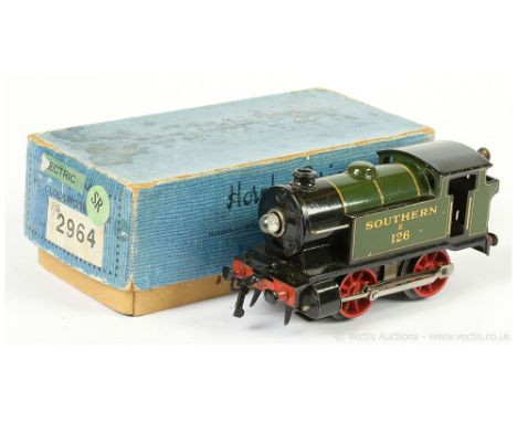 Hornby O Gauge EM3/20 0-4-0 Tank Loco Southern green No.E126, 20v electric.  Overall Good Plus in an M3 clockwork box with Me