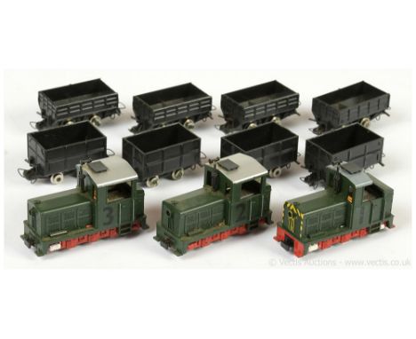 HOe Roco and Atlas Quarry style Locos and Goods Wagons comprising 3 x 0-6-0 green Diesel Shunter (one has cab cut away to rep