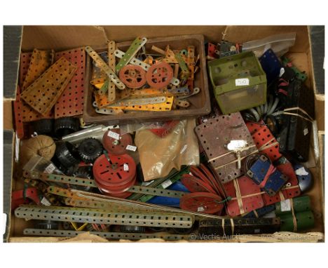 Meccano large quantity of mixed period red, green, blue, nickel together with some blue and gold and includes perforated stri