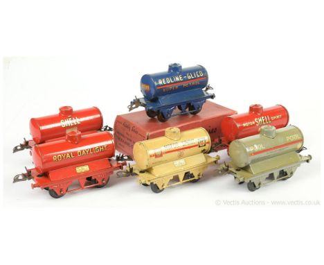 Hornby O Gauge a trio of Petrol Tank Wagons consisting of "Esso", Excellent Plus in Fair box, "Motor Spirit" Shell Mex "Royal