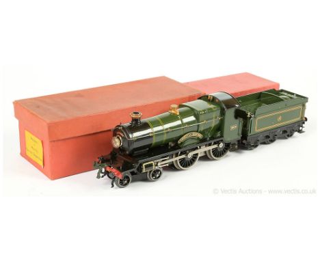 Hornby O Gauge E220 4-4-0 Loco and Tender GWR green "County of Bedford" No.3821, 20v electric.  Loco with paint chip to nears