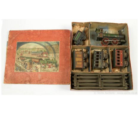 Bing Gauge 1 Continental Outline Train Set consisting of a 0-4-0 Loco and Tender tinprinted in green, black, lined in gold an