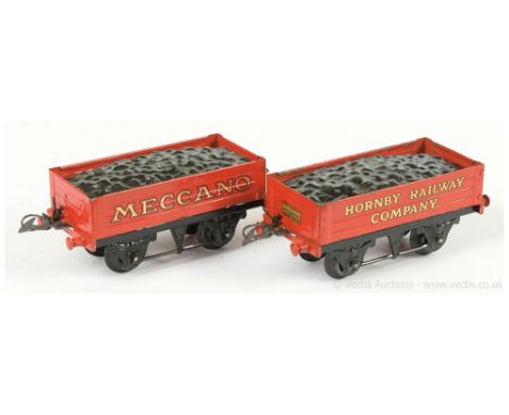 Hornby O Gauge a pair of Open Coal Wagons consisting of "Hornby Railway Company" and "Meccano".  Overall Excellent in reprodu