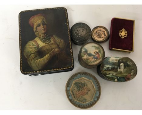 A collection of objects of Vertu A Russian hand painted box small silver box of circular shape trench art coin cap a miniatur