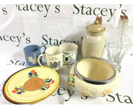Collection of ceramics including Clarice Cliff plates, Celtic Harvest Clarice dish , Wedgwood mug etc. some damage. This lot 