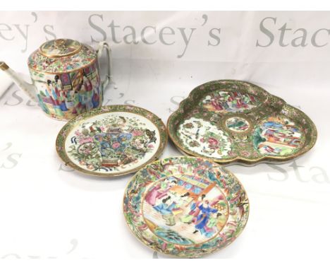 Chinese Cantonese Famille rose dishes and a teapot. Large hairline crack and chips in one of the dishes, largest dish restore