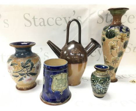 Royal Doulton Lambeth stone ware including a Sarum kettle, oviform vase with Nasturtium pattern, Mortlake and East Sheen Rifl