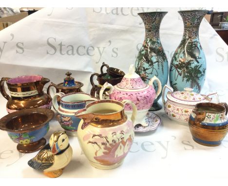 A collection of ceramics including a pink Victorian Sucrier, a pair of Japanese cloisonne enamel vases , various jugs etc . T