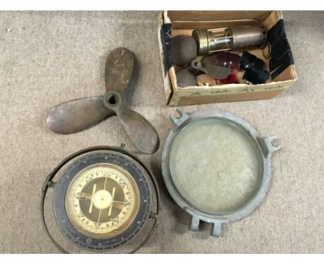 Vintage ship items including a divers knife, propellers , ships compass and a E. Thomas & Williams brass miners lamp
