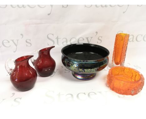 A collection of glassware including a Whitefriars bark vase and bowl , 20th century Royal Brierley iridescent studio glass bo